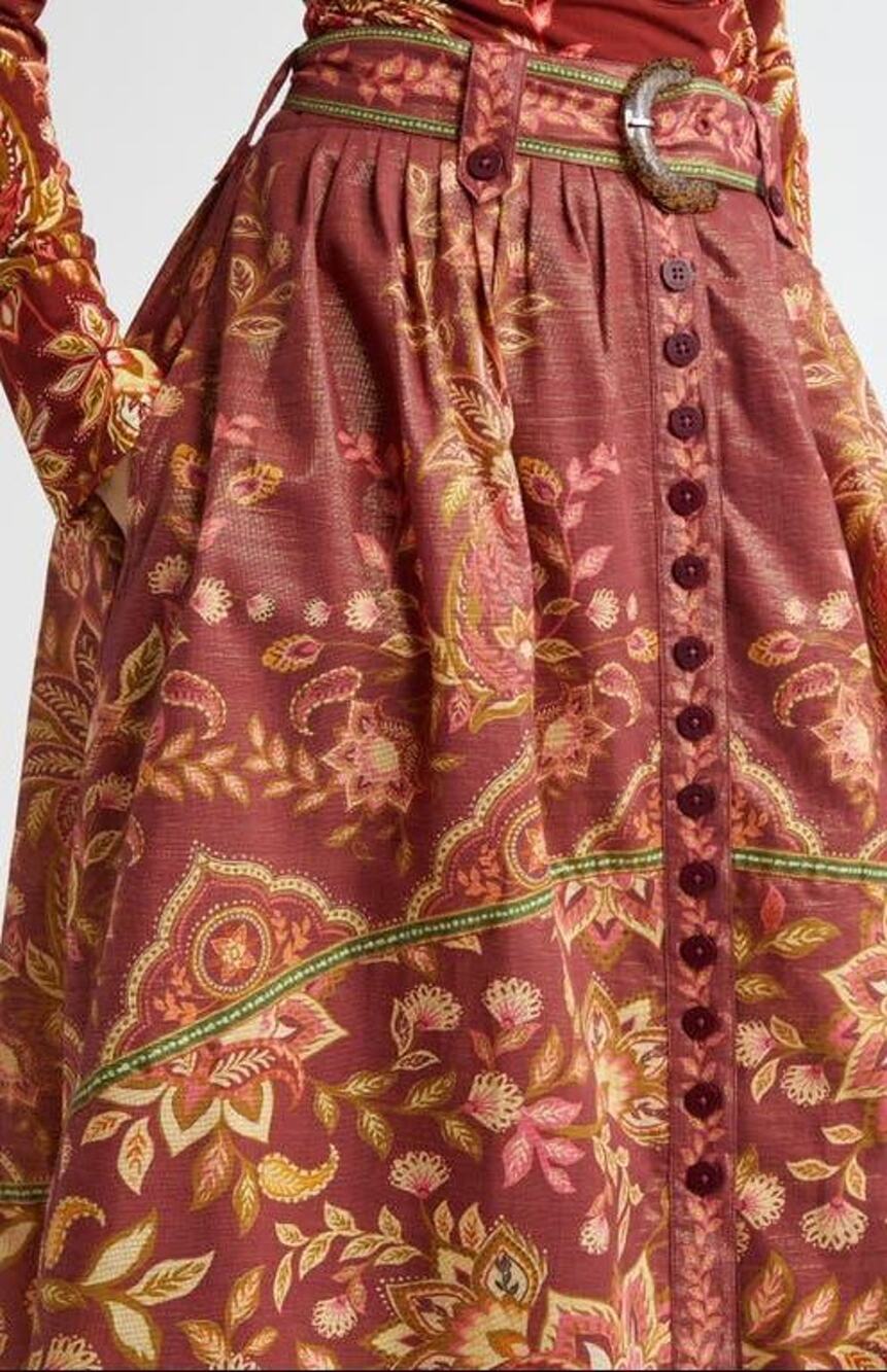 NEW FARM RIO Pineapple Dream Metallic A-Line Skirt Midi Floral Belted Size XS